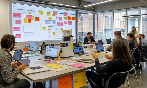 Collaborative Workspace Showing Teams Engaged in Creative Brainstorming Sessions with Laptops, Sticky Notes, and Whiteboards in a Modern Office Environment