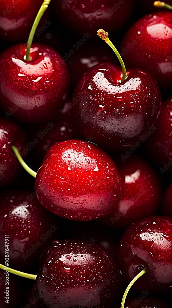 Poster rich red cherries with glistening water droplets in macro detail : generative ai