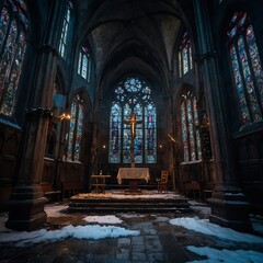 Obraz premium Post-Apocalyptic Christmas Eve.An old, ruined cathedral standing amidst a snow-covered wasteland