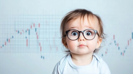 Curious baby wearing glasses with wide eyes, sitting in front of a financial graph backdrop, suggesting early beginner interest in trading or intellectual themes.