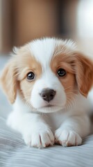 Adorable Puppy with Fluffy Ears and Innocent Eyes on a Soft Blanket : Generative AI