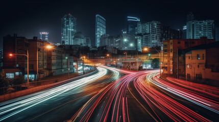 Fototapeta premium A city at night with long exposure light trails from cars and buses, colorful streaks of red and yellow lights moving across a dark urban street,