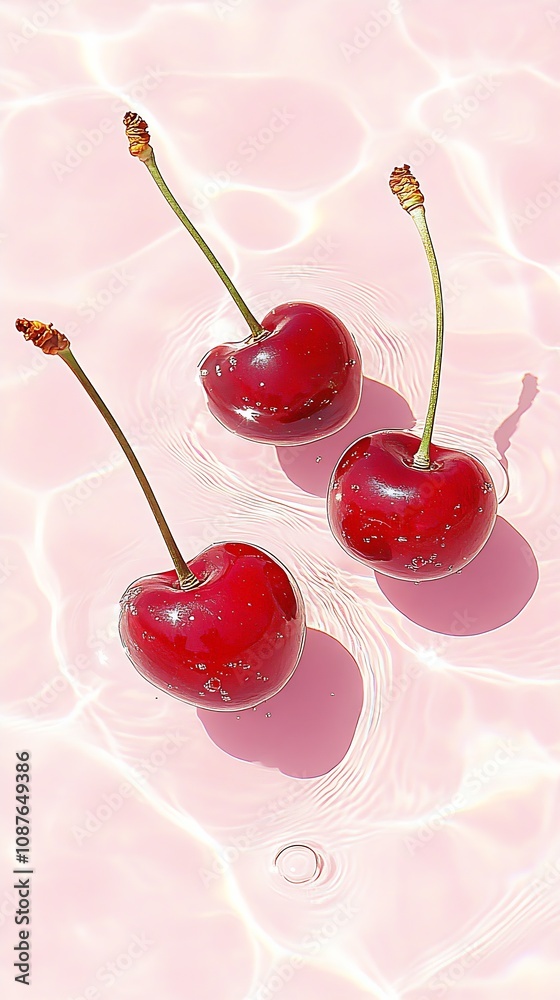 Poster refreshing ripe cherries floating in gentle pink pool with ripples : generative ai