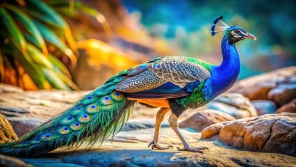Vibrant Peacock on Sandy Rocks - Colorful Bird Photography