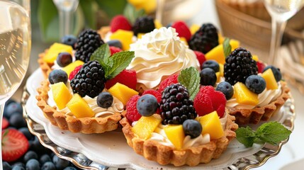 A delectable fruit tart assortment featuring a medley of flavors like mixed berry, lemon