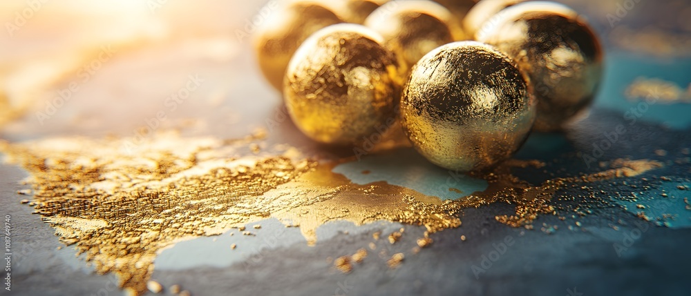 Poster golden spheres on textured surface with glitter and reflection highlighting luxury and elegance in a