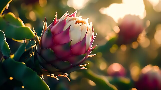 Vibrant Macro Shot of Blooming Protea Flower in Sunlit Garden : Generative AI