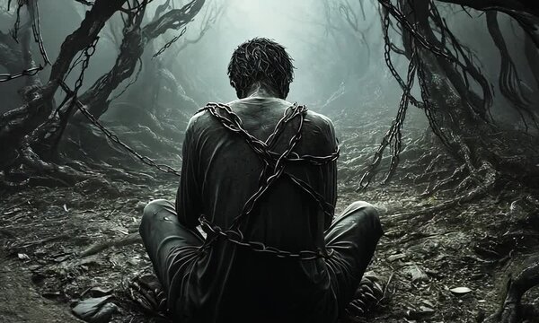A figure sits bound in chains amidst dark, twisted roots in a haunting, shadowy environment.