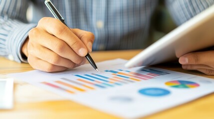 Caucasian man reviews financial charts on a tablet while sitting at a clean, organized desk