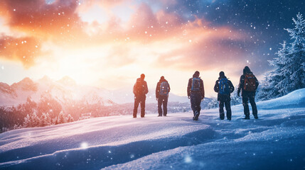 Winter Hiking Adventure: Snowy Mountain Peak, Backpackers, Sunset