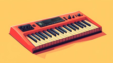 Fototapeta premium Cute cartoon Electronic Keyboard flat style illustration, simple details, simple background, vector graphics, symmetrical composition, flat design, bright colors, warm tones, cute shape, musical instr