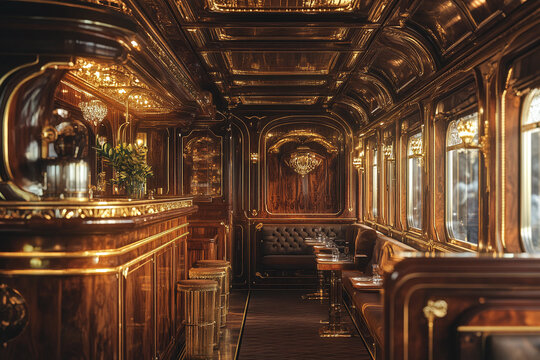 A luxurious vintage train dining car interior, brass details and wooden panels.
