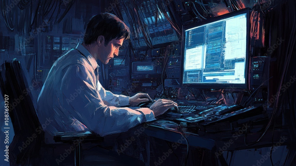 Poster Man Working Late at Night on Computer Code