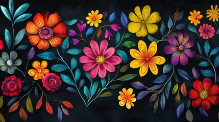Colorful floral design with vibrant flowers and leaves on a dark background.