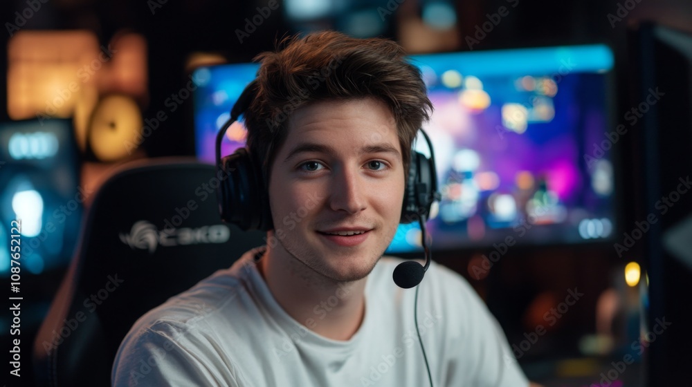 Poster a young man wears a gaming headset while smiling at the camera, engaged in an online gaming session.