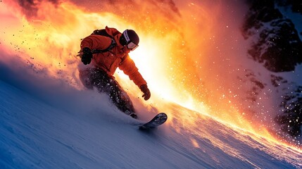 Snowboarder carving down a slope at sunrise, capturing the energy of a winter morning