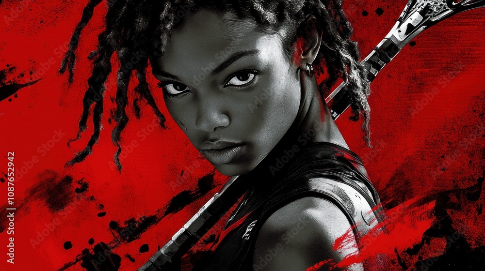 Poster a dynamic black-and-white portrait of a fierce athlete against a red abstract background.
