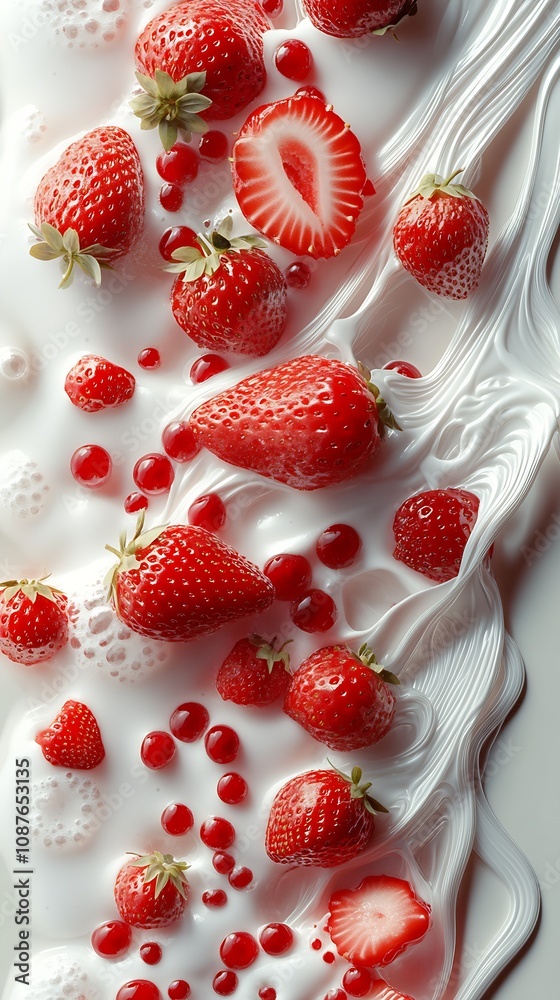 Poster strawberries with milk creating a swirl of rich textures and vibrant colors : generative ai