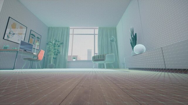POV: 3D Interior Design Process as an Autonomous Vacuum Scans and Cleans a Modern Apartment. Innovative AI Software Scanning, Mapping Rooms and Cleaning all the Dirt at Home