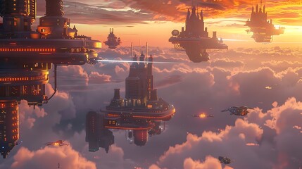 A futuristic floating city above the clouds, with glowing structures and flying vehicles.