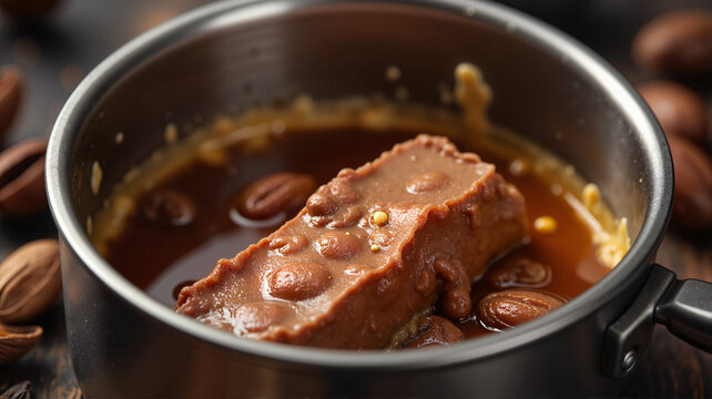 Melting chocolate bar with cocoa beans in saucepan - perfect for dessert blogs, confectionery websites, chocolate making tutorials or culinary inspiration posts
