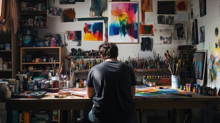 Fototapeta premium Artists Studio Colorful Paintings, Brushes, and Paint Supplies