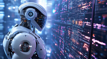 Futuristic Robot Analyzing Data, AI, Cyberspace, Technology, 3D Rendering
