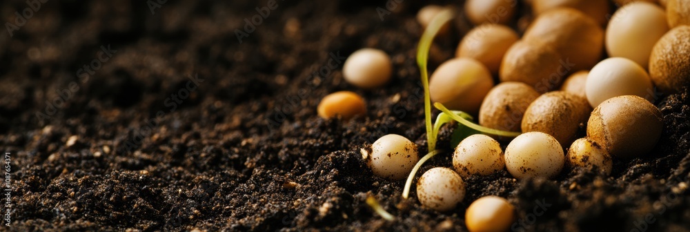 Poster seeds lie in rich soil with fresh sprouts pushing through, illustrating the beginnings of plant life