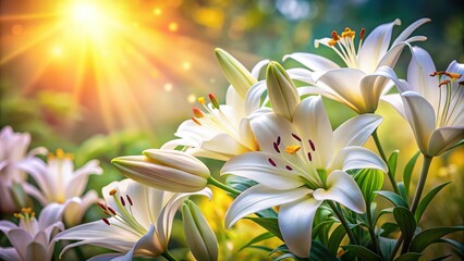 Obraz premium White lily garden flowers: exquisite fragrance, blank space.