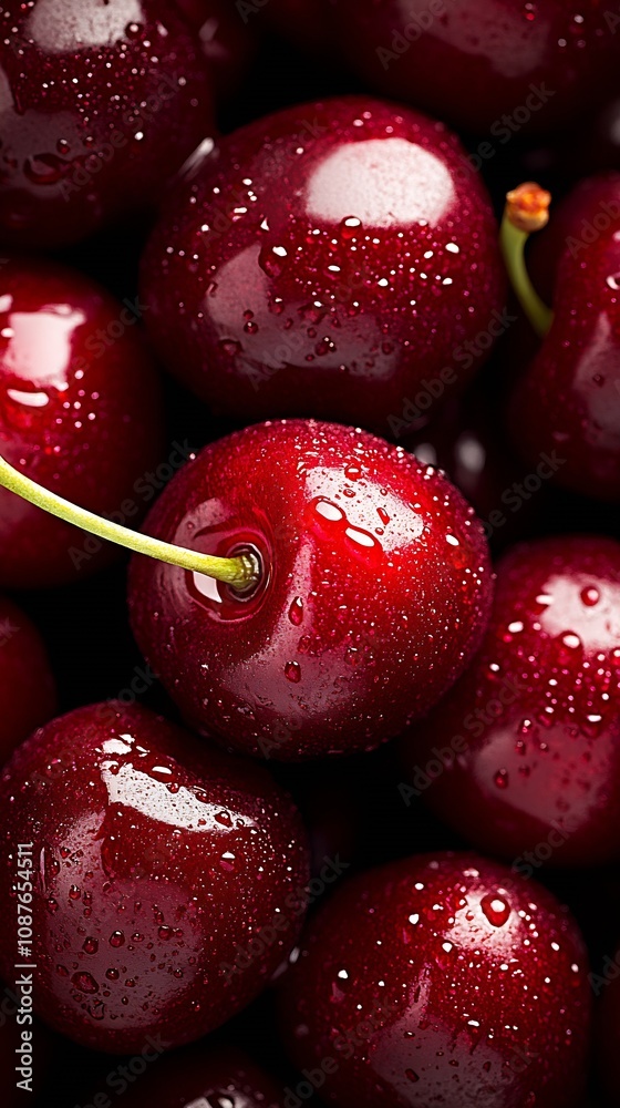 Poster macro shot of ripe red cherries with dewdrops showcasing freshness : generative ai