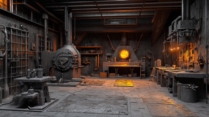 Industrial Blacksmith Workshop: Forge, Tools, 3D Rendering, Metalwork, Background