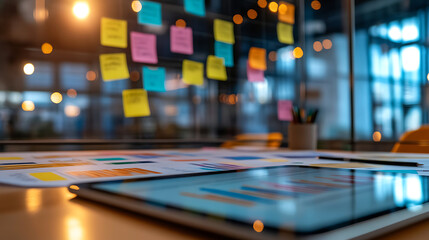 A table with a tablet and a bunch of colorful sticky notes