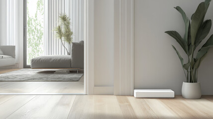 Smart Home Air Quality Sensor, Minimalist Living Room, White Device, Modern Interior, 3D Rendering