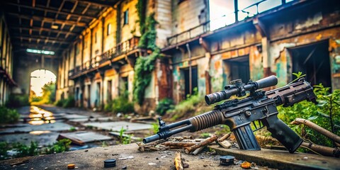 Urban Exploration Photography Featuring Gun Backgrounds: Captivating Shots of Abandoned Places with Guns as the Central Element, Highlighting Urban Decay and Intriguing Details in an Urban Landscape