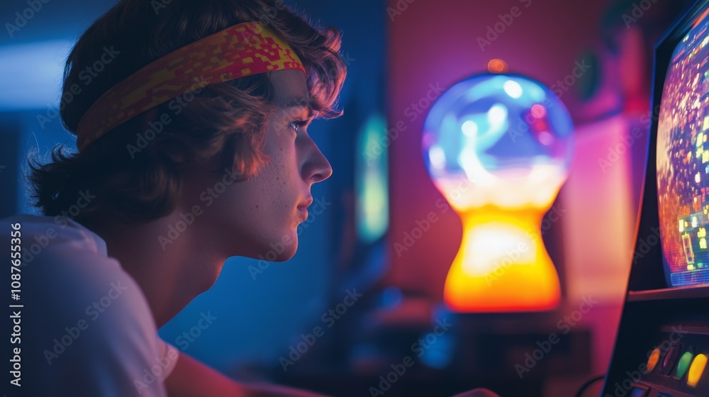 Poster a young man, wearing a headband, intently plays an arcade game in a dim room filled with vibrant lig