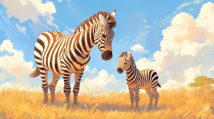 Fototapeta premium Charming Baby Zebra Taking Its First Steps Under a Beautiful Blue Sky with Fluffy White Clouds in a Vibrant Natural Setting