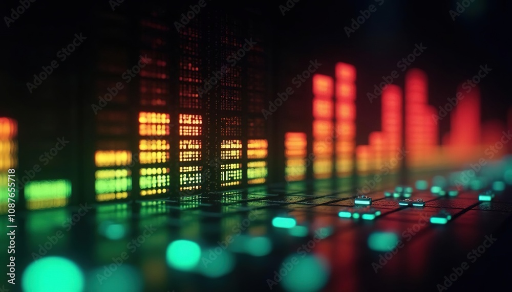 Poster colorful led audio bars glowing in red, green, and yellow on a futuristic grid surface, symbolizing 