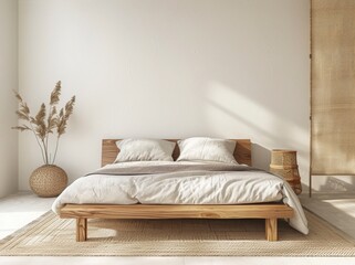 Minimalist bedroom with a wooden bed, natural textures, and pampas grass in a woven basket