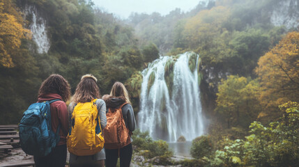 Misty Waterfall Adventure: Three Friends Explore Autumn Landscape