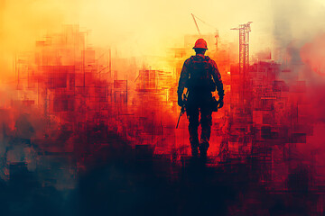 Fototapeta premium Abstract digital banner with a construction worker silhouette, featuring geometric shapes, cranes, beams, and tools, highlighting energy and hard work in a futuristic design. 