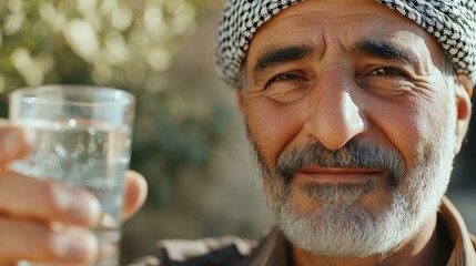 A Middle-Eastern man proudly holds a glass of clean water, urging water conservation