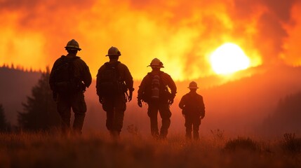 Brave firefighters advance towards an intense wildfire as the sun sets, casting a dramatic glow over the landscape and highlighting their courageous efforts to combat the flames