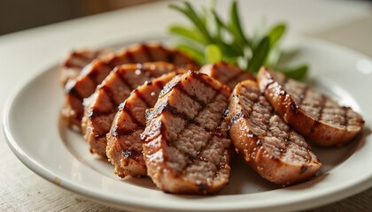 Grilled alpaca meat fillet with herbs on a white plate