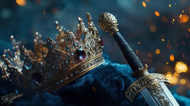 A golden crown with red gems rests beside a sword on a dark blue velvet surface with a blurred background of glowing embers.