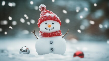 Obraz premium Festive Snowman with Holiday Ornaments in a Wintry Wonderland Atmosphere : Generative AI