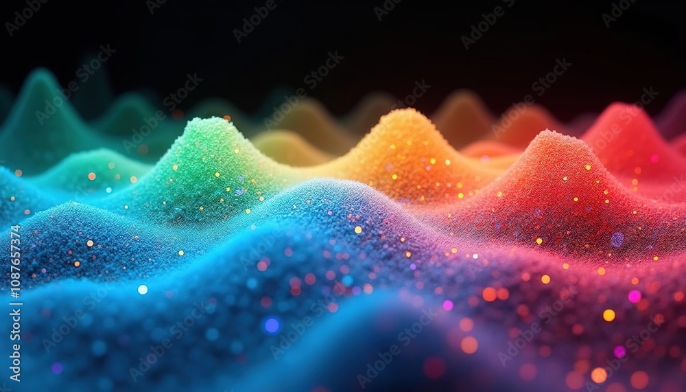 Poster Abstract colorful wave pattern with textured peaks in a dark background, resembling a rainbow landscape