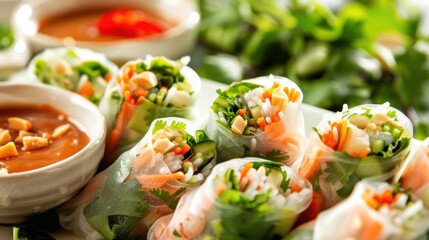 A delectable platter of assorted Vietnamese spring rolls served with peanut dipping sauce, Spring rolls arranged in a diagonal pattern