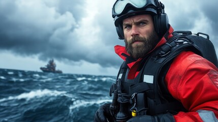 Obraz premium coast guard crewmember in bright red gear scans the rough seas for signs of distress. backdrop features dark clouds and an approaching vessel, highlighting the urgency of the rescue