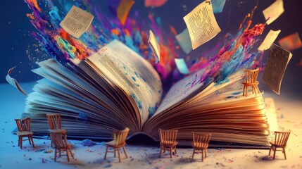 A surreal scene of tiny chairs scattered around a massive open book, with pages fluttering in the breeze and vibrant ink splashes.