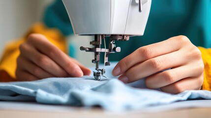 Naklejka premium A person skillfully operates a sewing machine, threading a needle and guiding fabric through the machine in a well-lit workspace, showcasing crafting techniques and creativity
